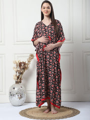 Floral Print Black Rayon Maternity Kaftan