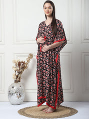 Floral Print Black Rayon Maternity Kaftan