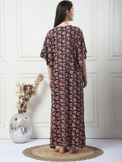Floral Print Black Rayon Maternity Kaftan
