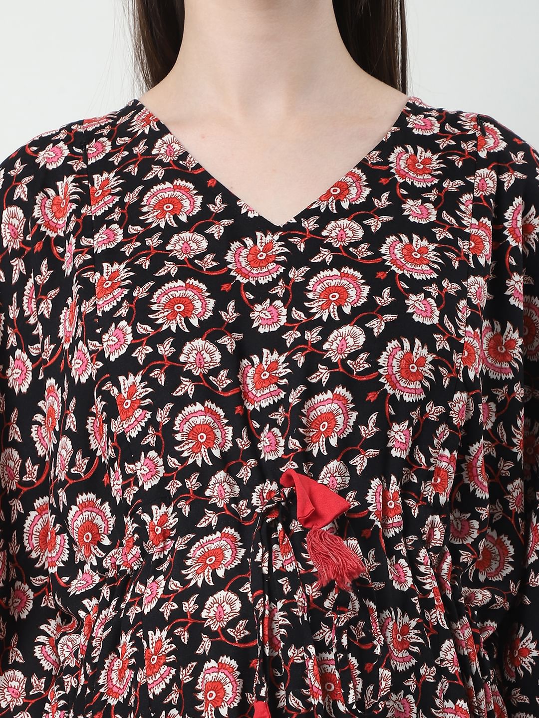 Floral Print Black Rayon Maternity Kaftan