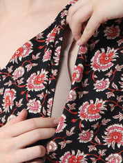 Floral Print Black Rayon Maternity Kaftan