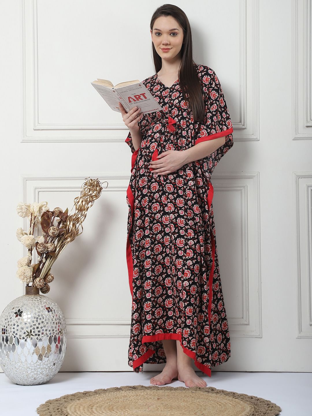 Floral Print Black Rayon Maternity Kaftan