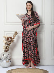 Floral Print Black Rayon Maternity Kaftan