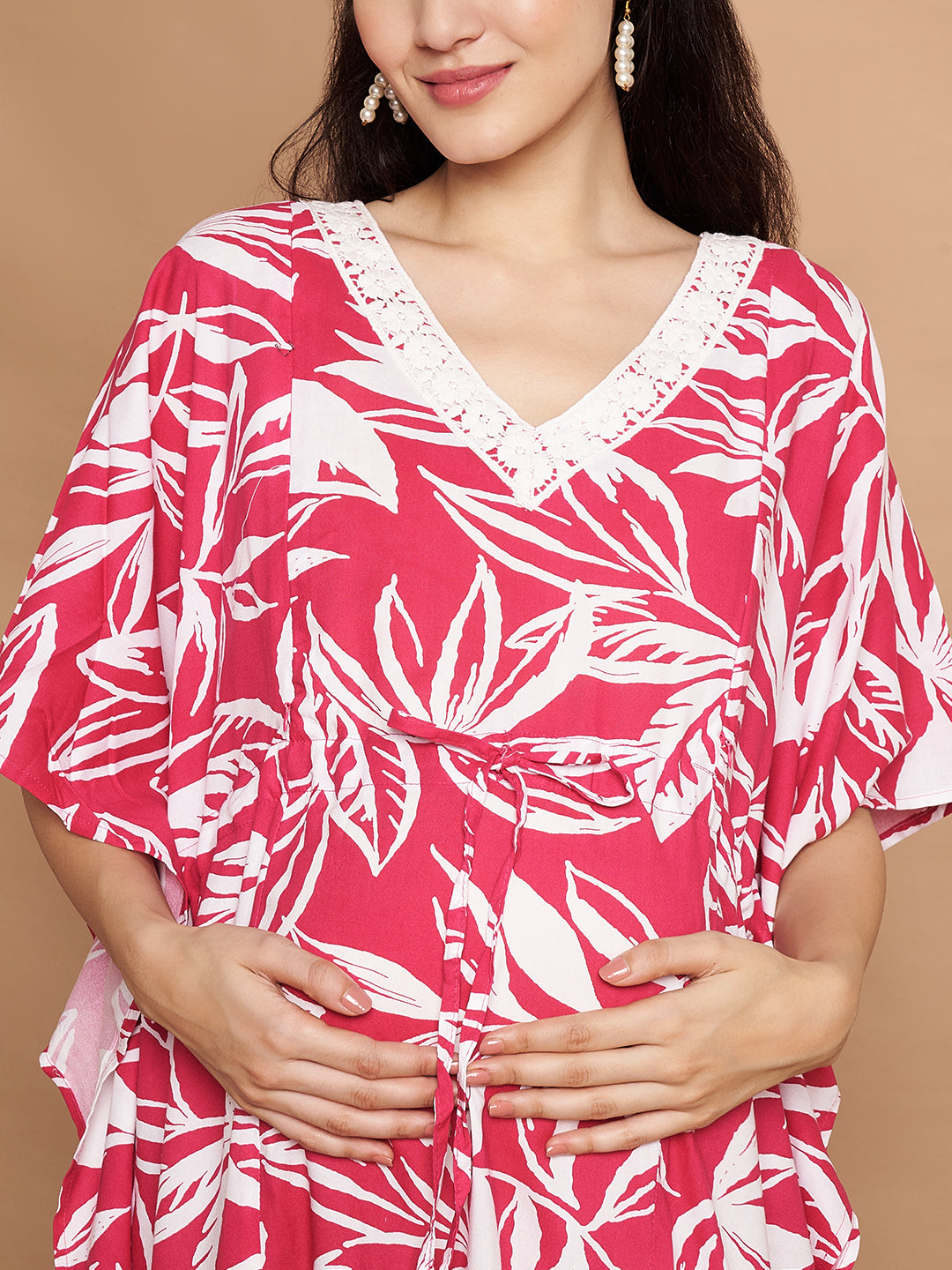 Floral Print Pink Rayon Maternity Kaftan