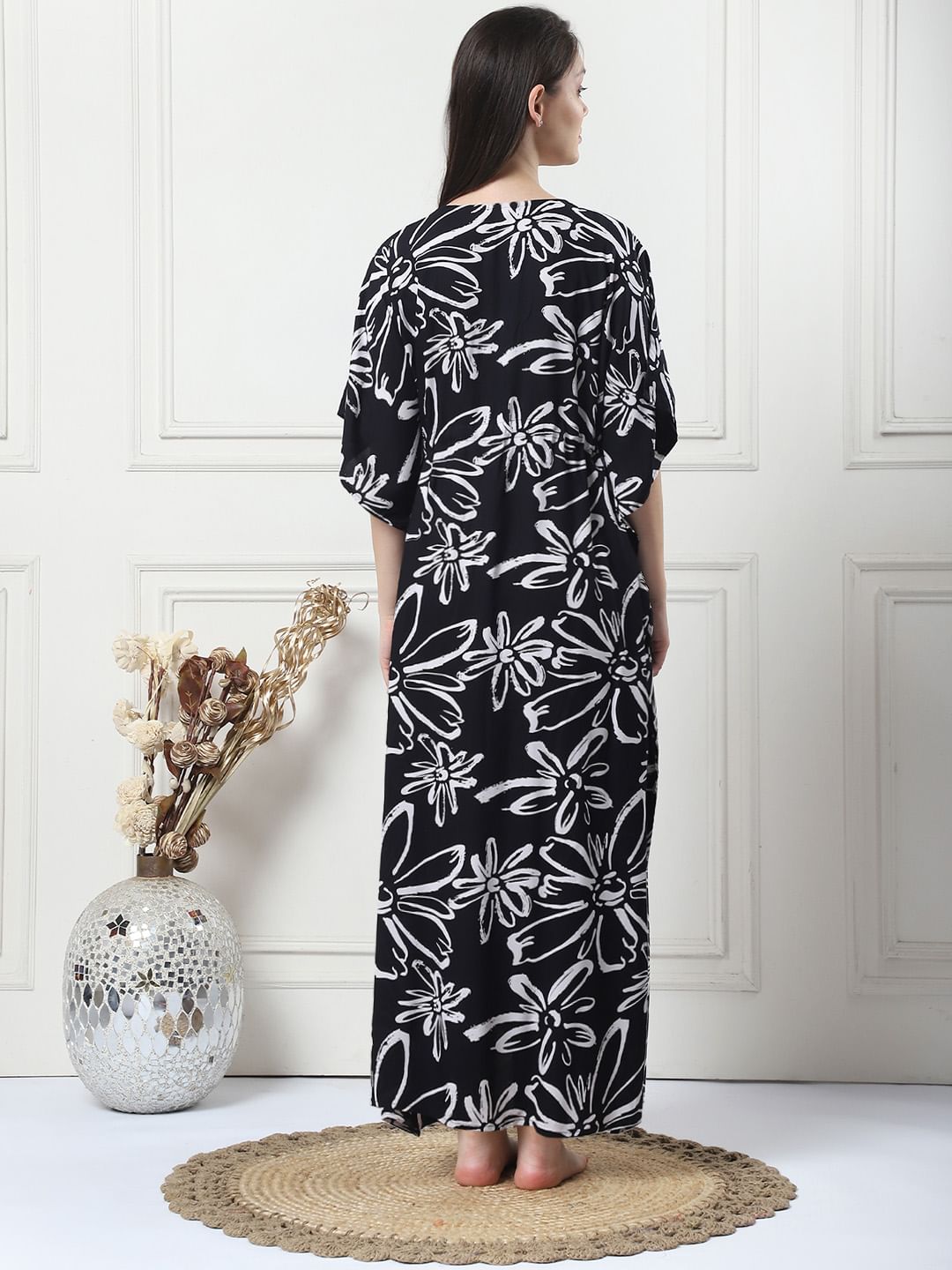 Floral Print Black Rayon Maternity Kaftan