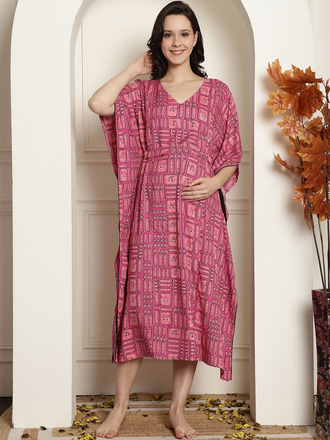 Geometric Print Pink Rayon Maternity Kaftan