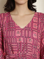 Geometric Print Pink Rayon Maternity Kaftan