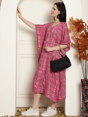 Geometric Print Pink Rayon Maternity Kaftan