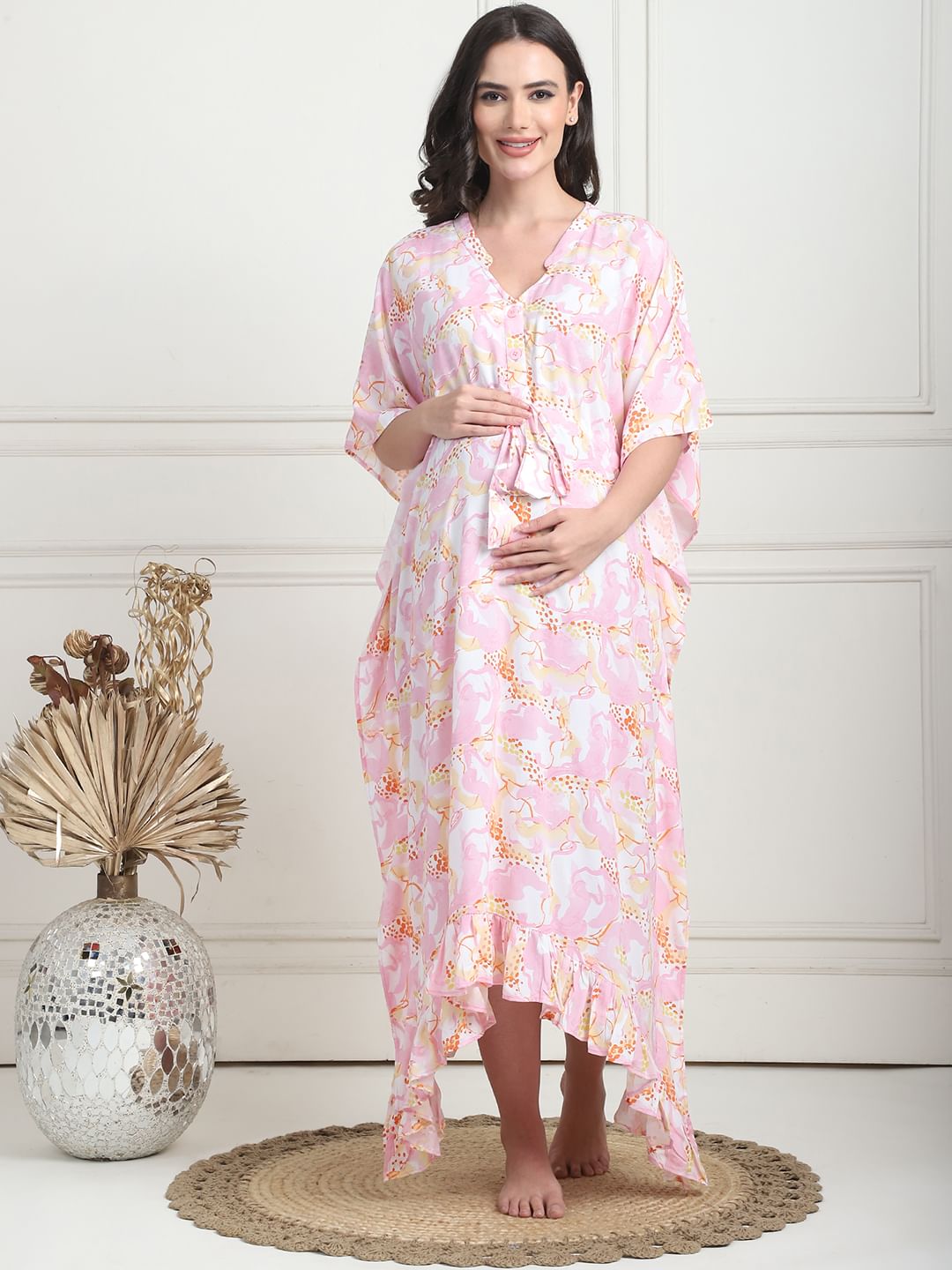 Abstract Print Light Pink Rayon Maternity Kaftan Calf Length