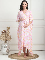 Abstract Print Light Pink Rayon Maternity Kaftan Calf Length