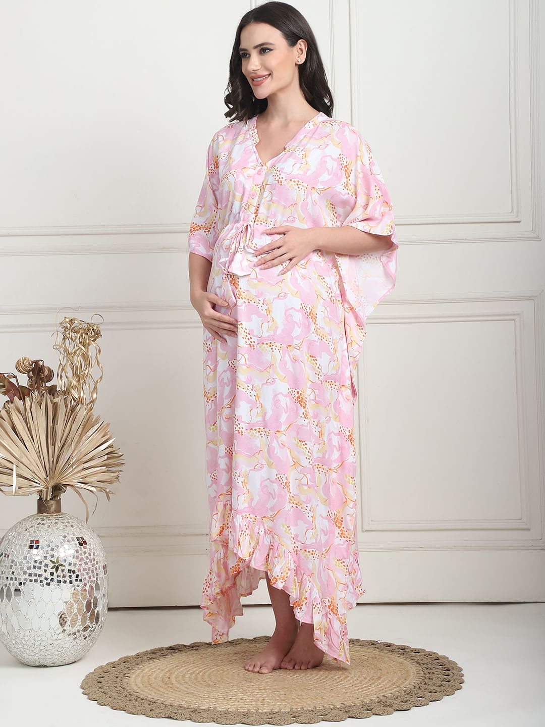 Abstract Print Light Pink Rayon Maternity Kaftan Calf Length