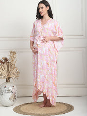 Abstract Print Light Pink Rayon Maternity Kaftan Calf Length