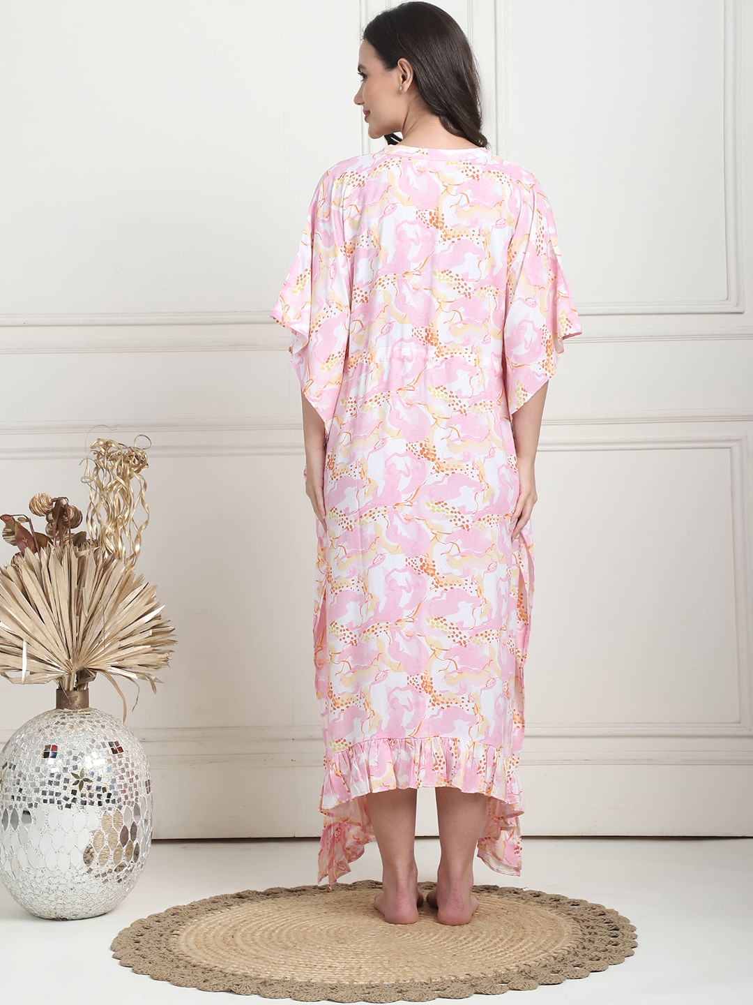 Abstract Print Light Pink Rayon Maternity Kaftan Calf Length