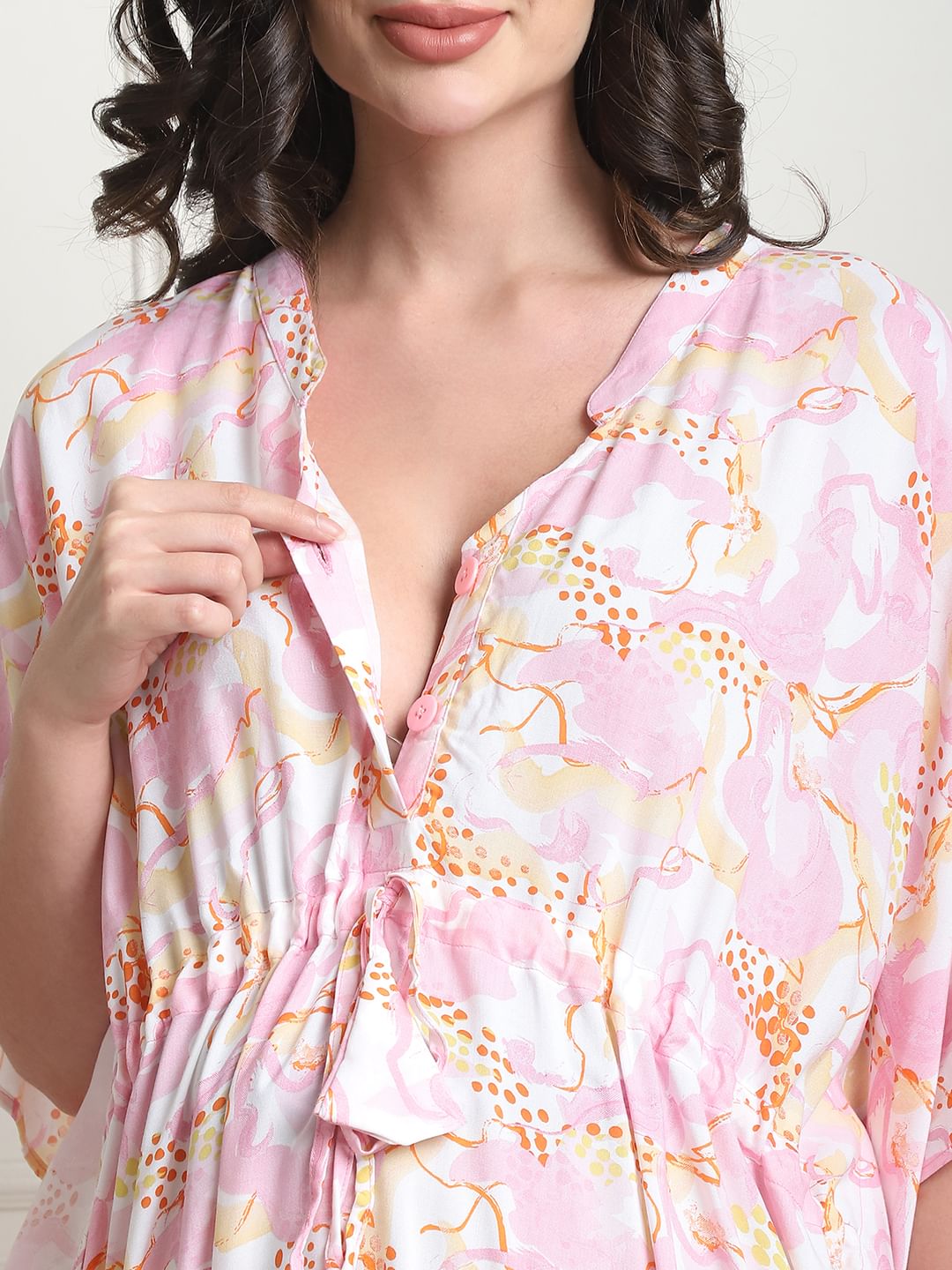 Abstract Print Light Pink Rayon Maternity Kaftan Calf Length