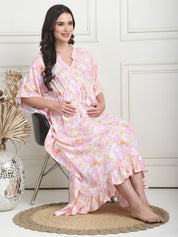 Abstract Print Light Pink Rayon Maternity Kaftan Calf Length