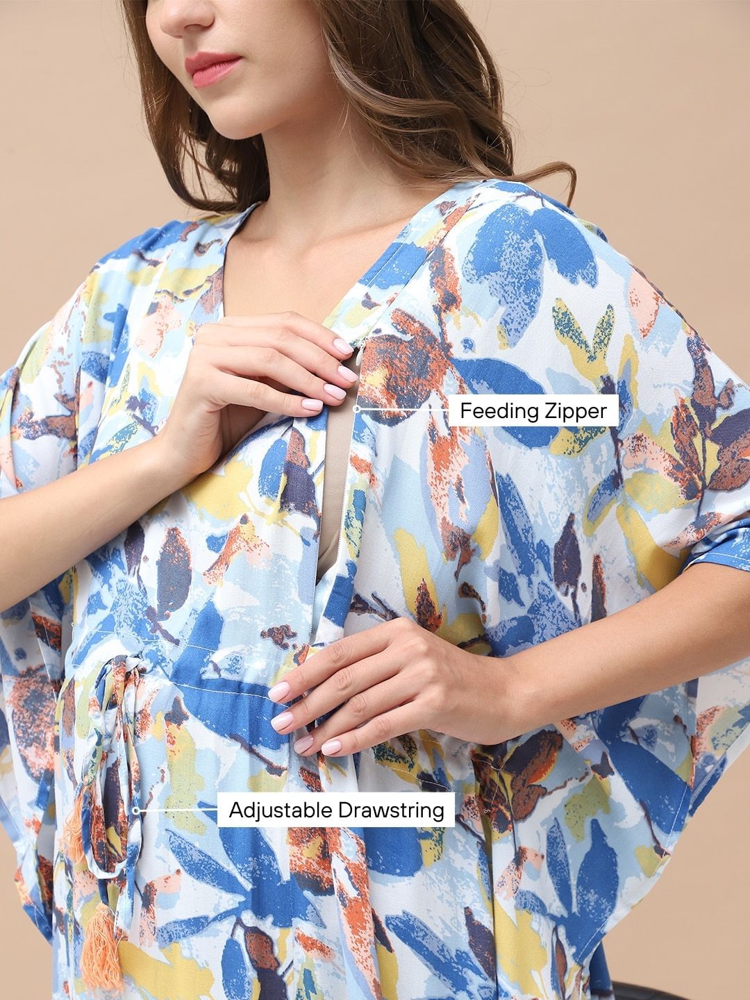Floral Print Blue Rayon Maternity Kaftan Calf Length