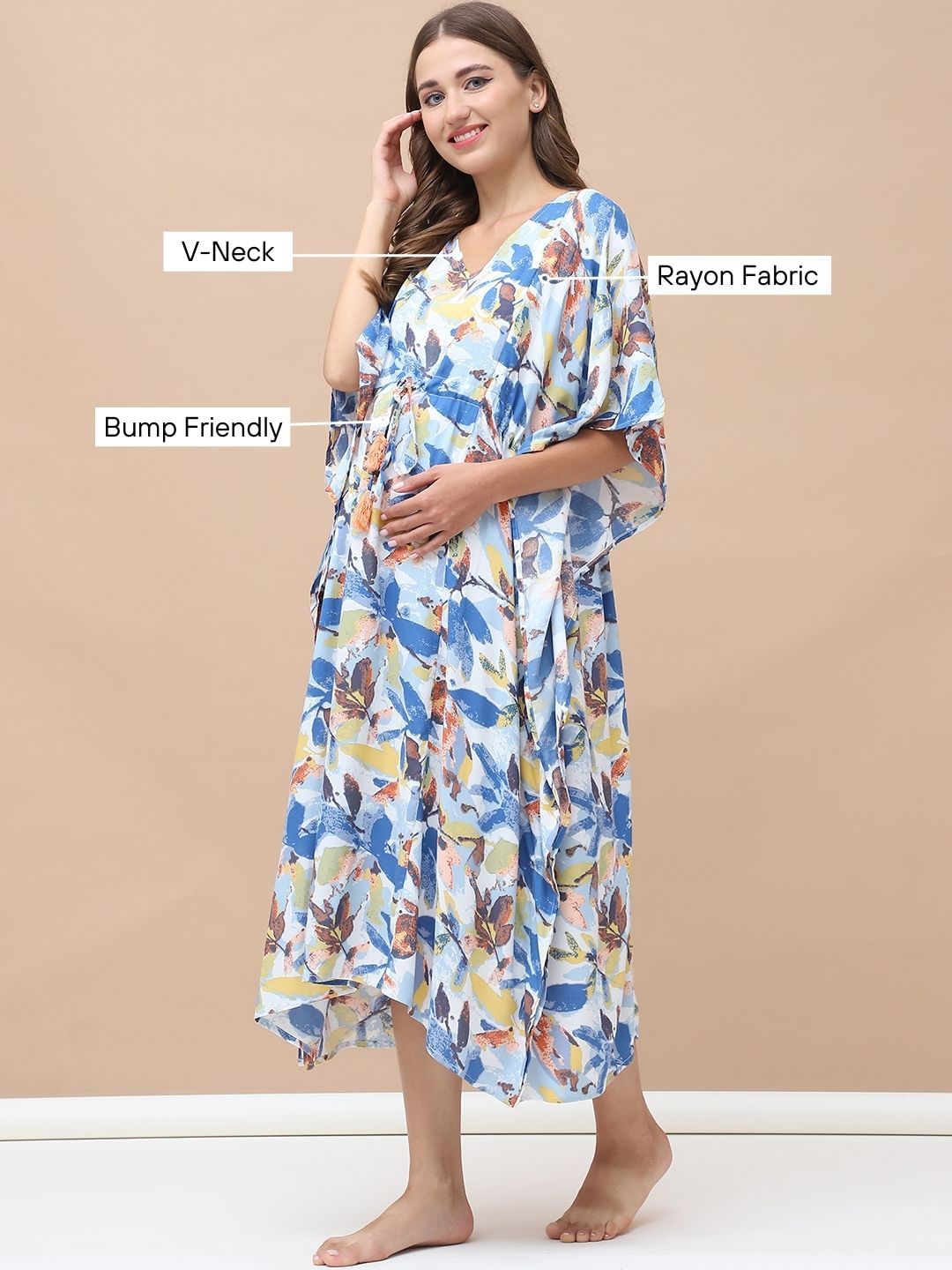 Floral Print Blue Rayon Maternity Kaftan Calf Length