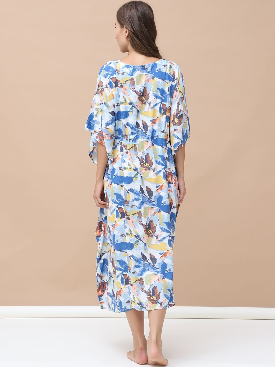 Floral Print Blue Rayon Maternity Kaftan Calf Length