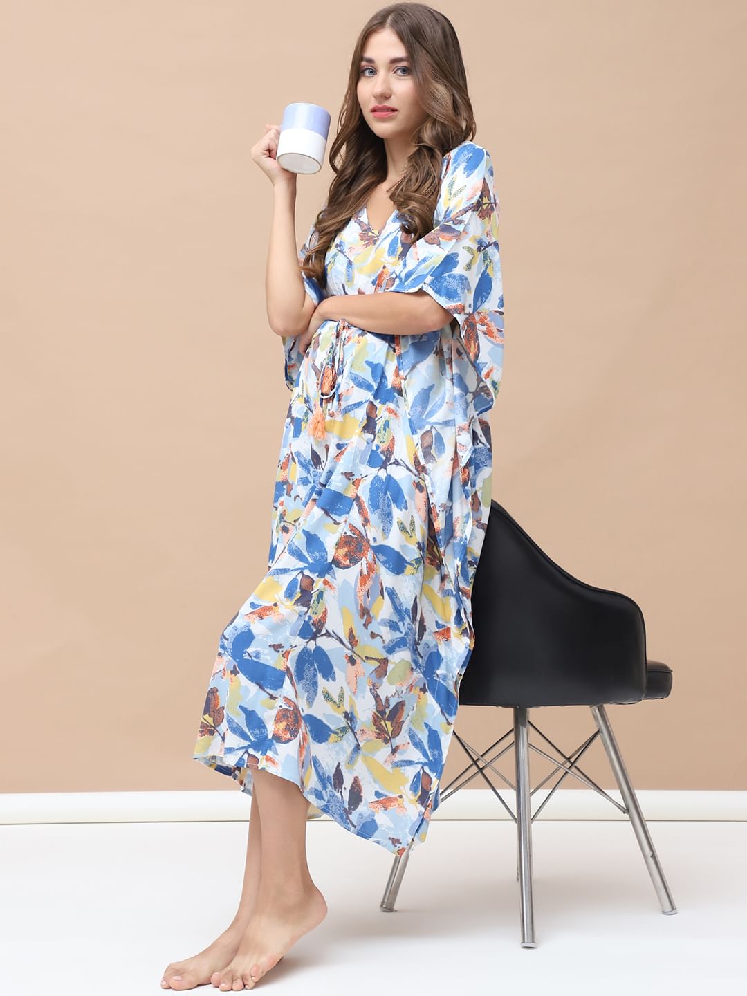 Floral Print Blue Rayon Maternity Kaftan Calf Length