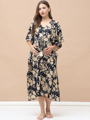 Floral Print Black & Golden Rayon Maternity Kaftan Calf Length