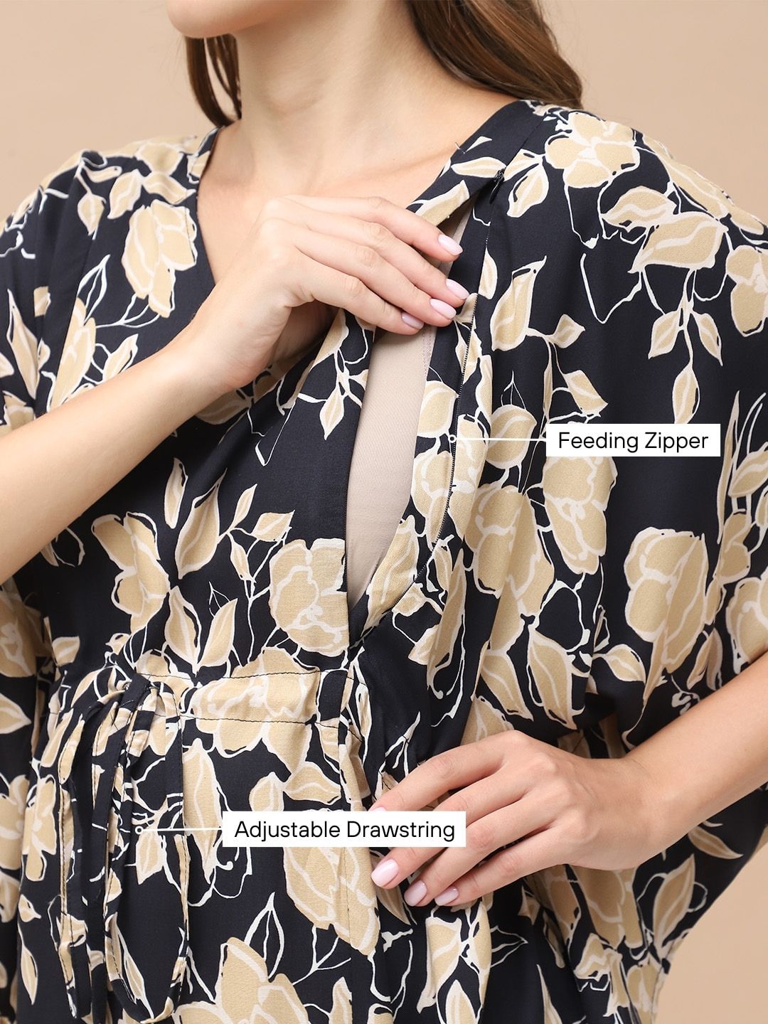 Floral Print Black & Golden Rayon Maternity Kaftan Calf Length