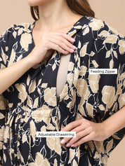 Floral Print Black & Golden Rayon Maternity Kaftan Calf Length