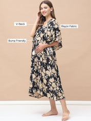Floral Print Black & Golden Rayon Maternity Kaftan Calf Length