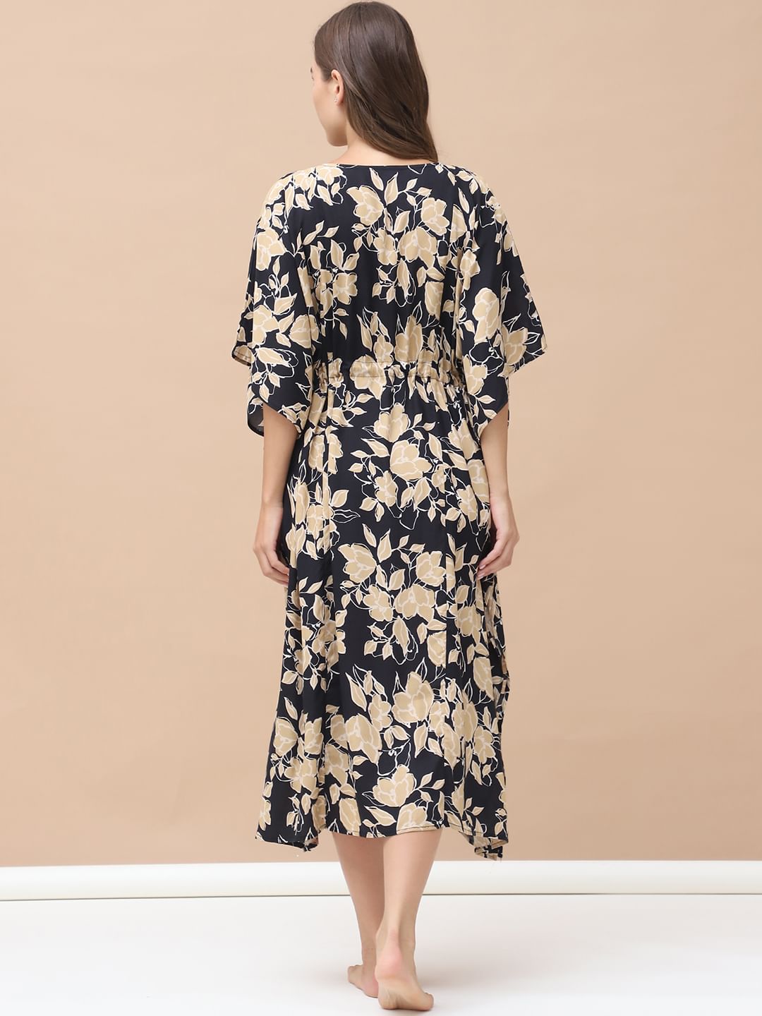 Floral Print Black & Golden Rayon Maternity Kaftan Calf Length