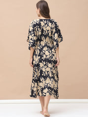 Floral Print Black & Golden Rayon Maternity Kaftan Calf Length