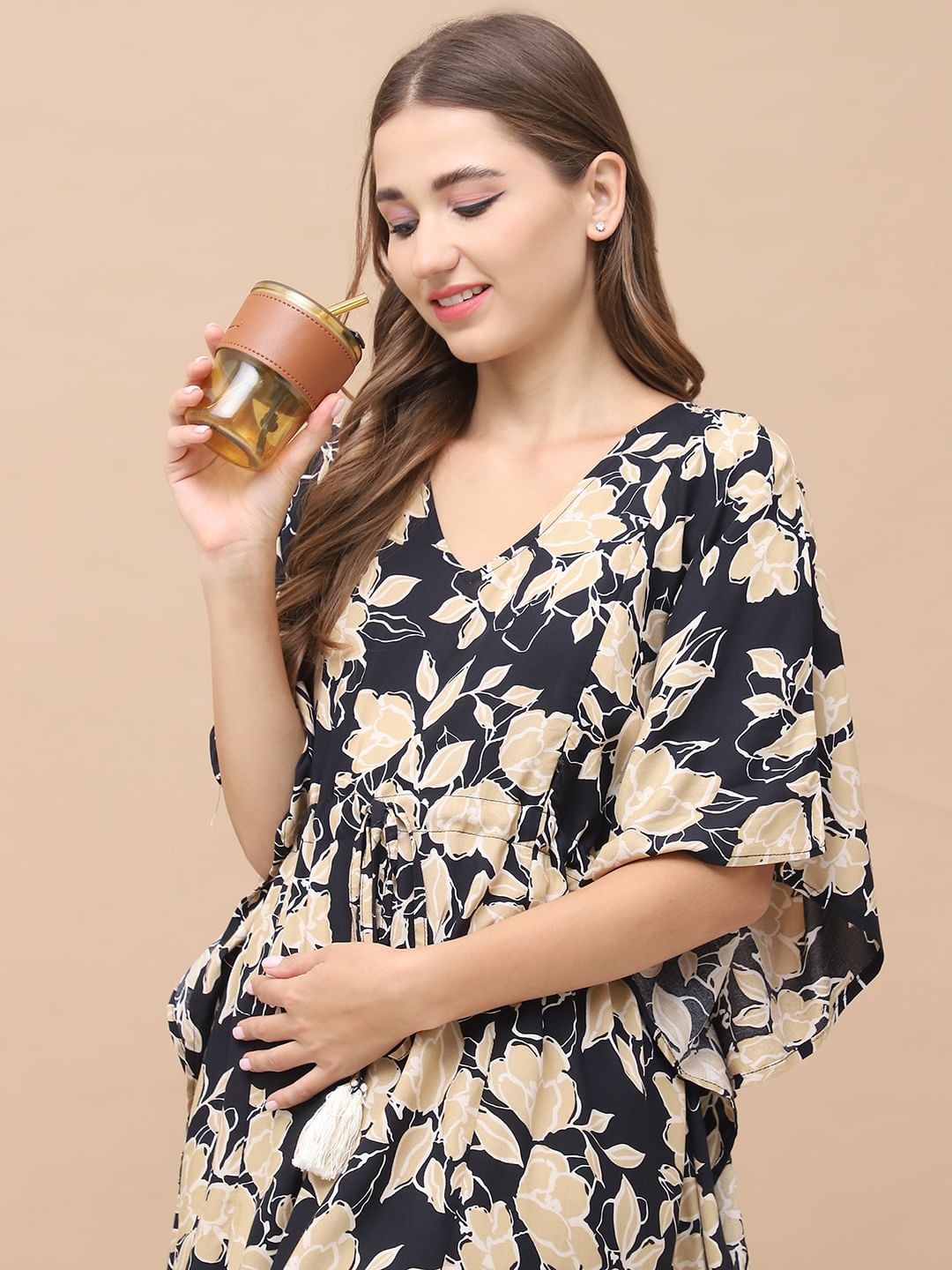 Floral Print Black & Golden Rayon Maternity Kaftan Calf Length