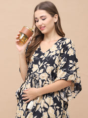 Floral Print Black & Golden Rayon Maternity Kaftan Calf Length