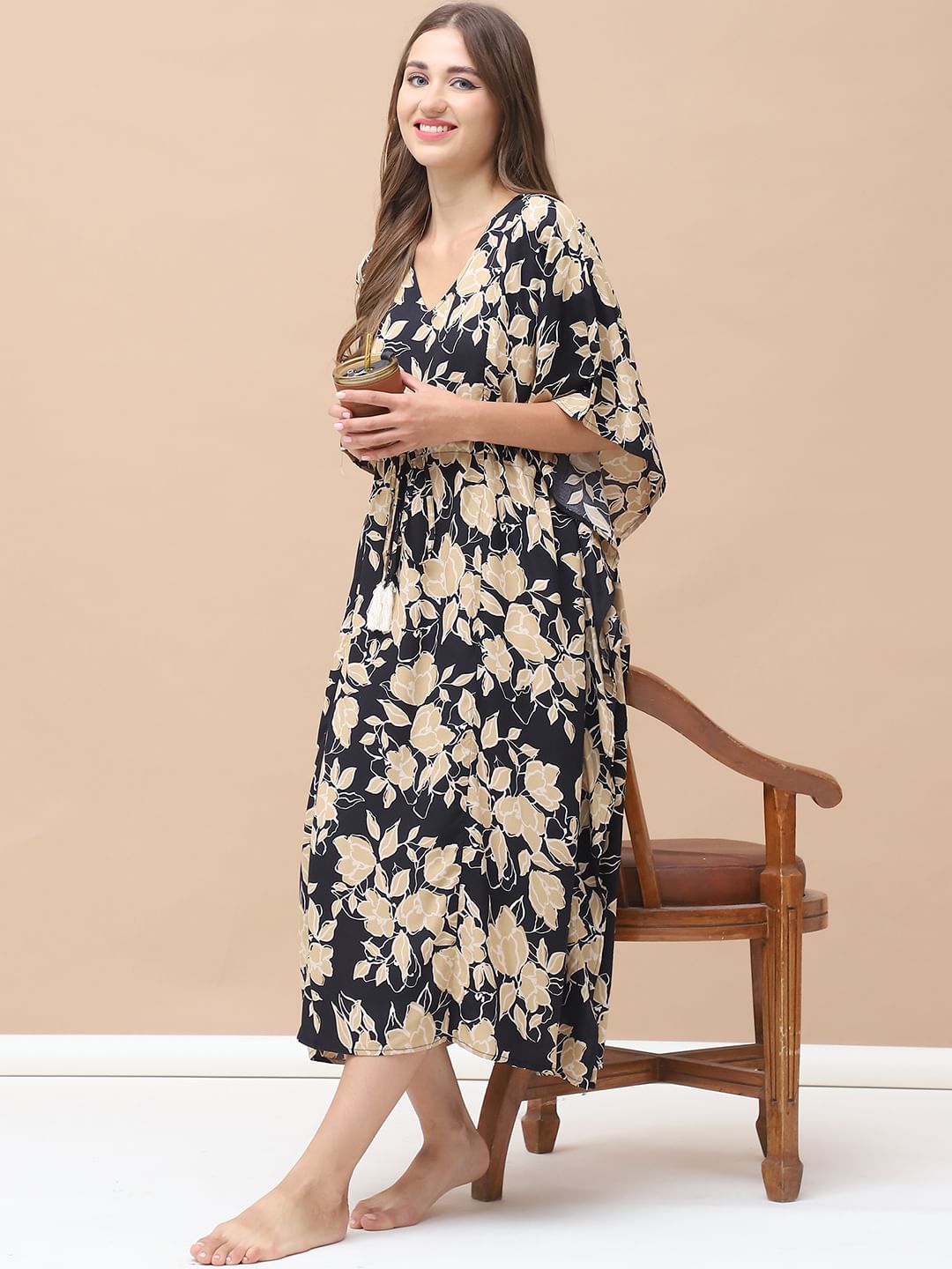 Floral Print Black & Golden Rayon Maternity Kaftan Calf Length