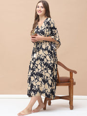 Floral Print Black & Golden Rayon Maternity Kaftan Calf Length