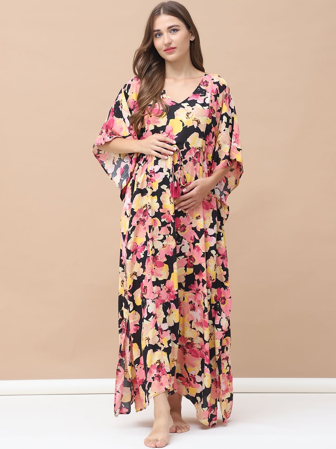 Floral Print Multi Rayon Maternity Kaftan Full Length