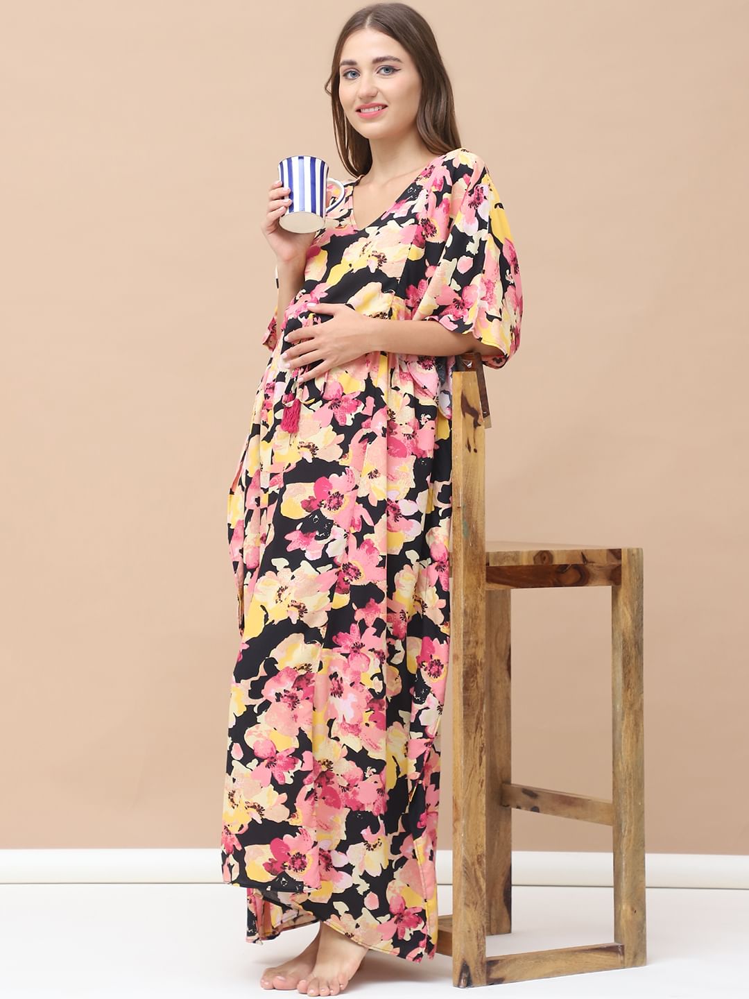 Floral Print Multi Rayon Maternity Kaftan Full Length
