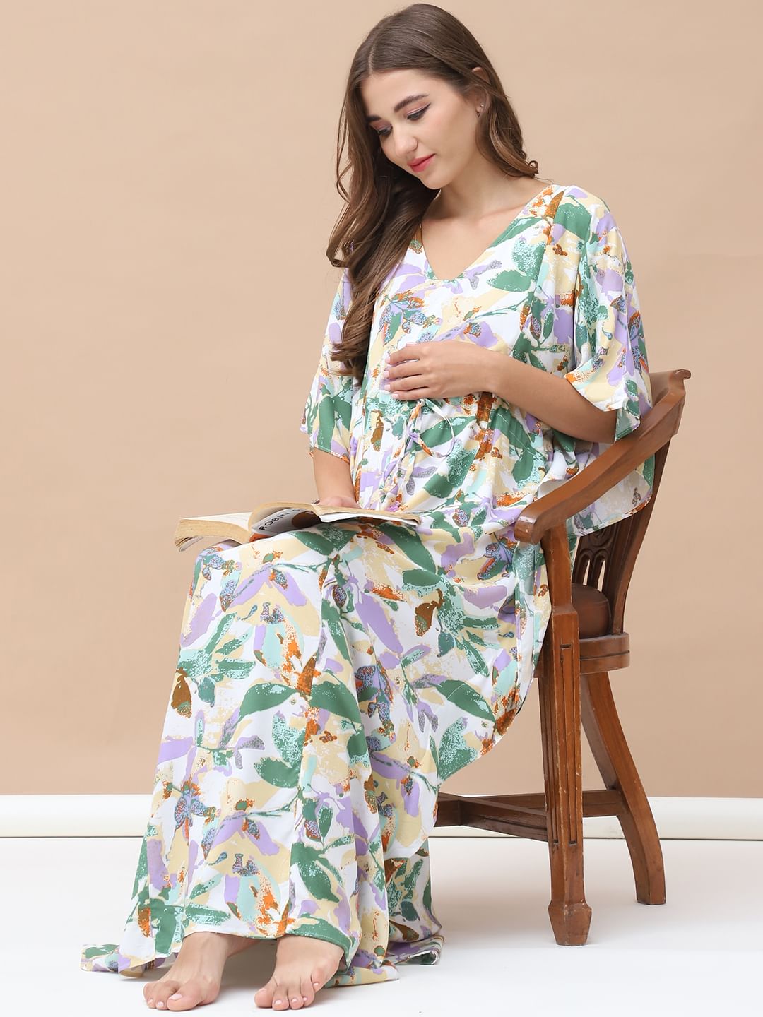 Floral Print Multi Rayon Maternity Kaftan Full Length