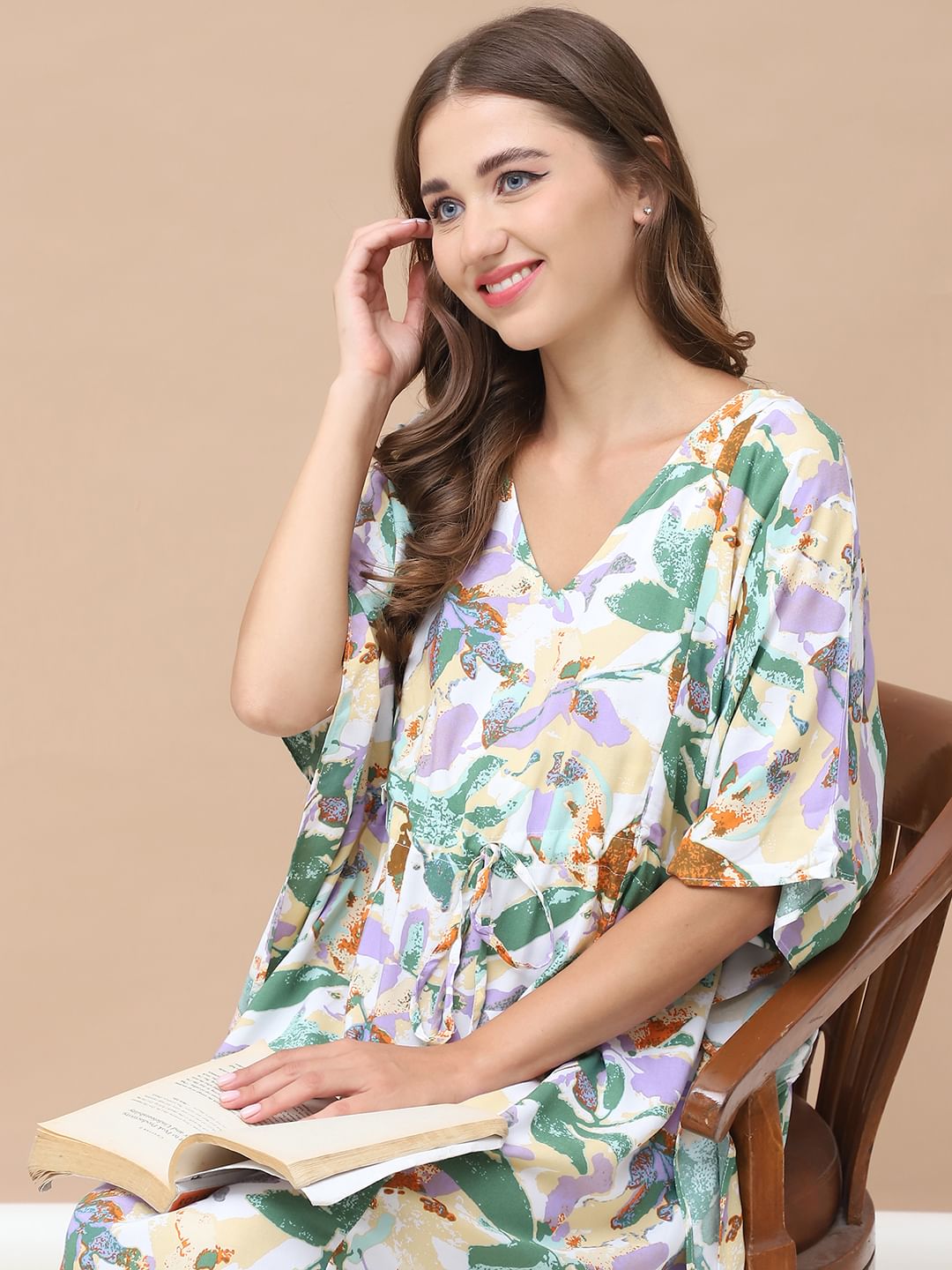 Floral Print Multi Rayon Maternity Kaftan Full Length
