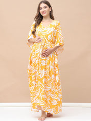 Floral Print Yellow Rayon Maternity Kaftan Full Length