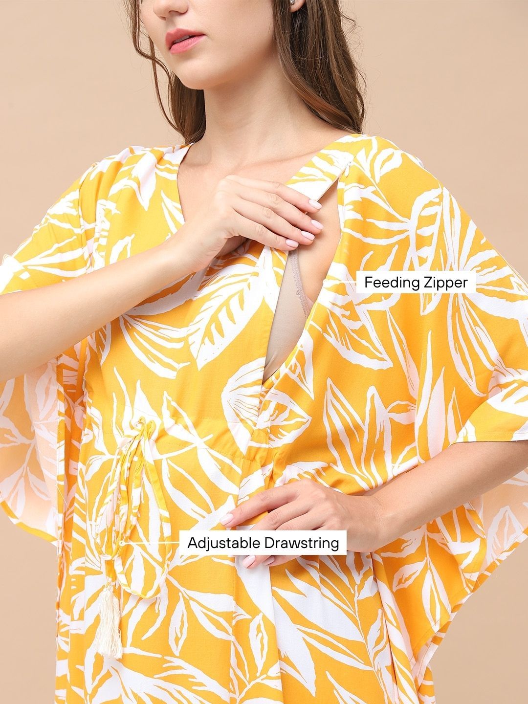Floral Print Yellow Rayon Maternity Kaftan Full Length