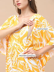 Floral Print Yellow Rayon Maternity Kaftan Full Length