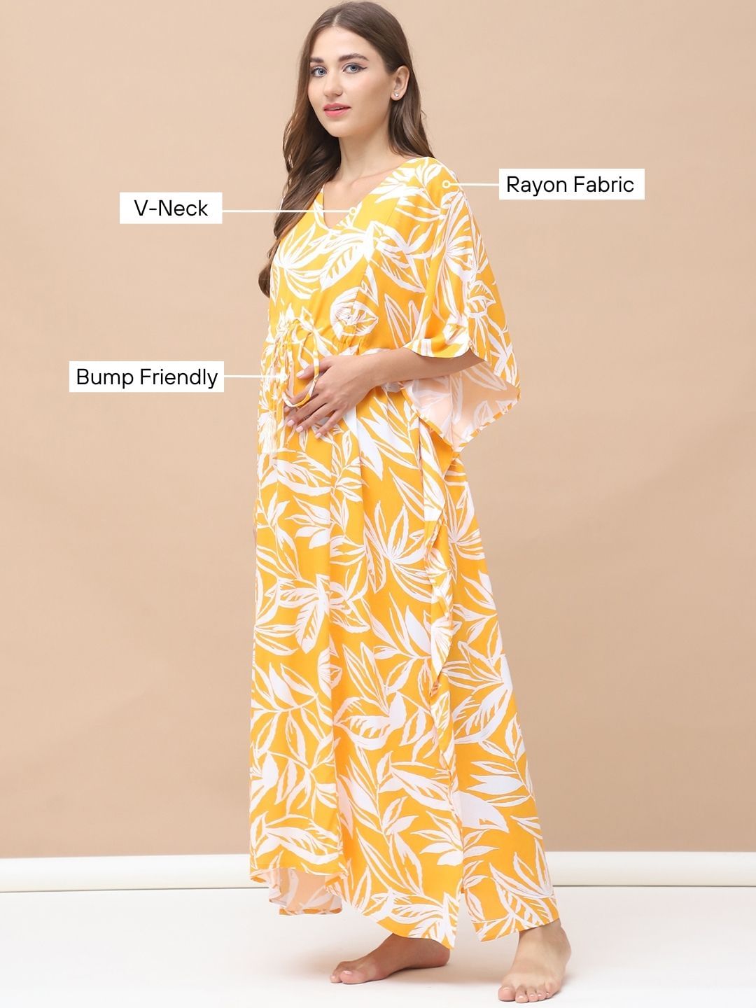 Floral Print Yellow Rayon Maternity Kaftan Full Length