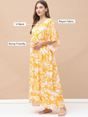 Floral Print Yellow Rayon Maternity Kaftan Full Length