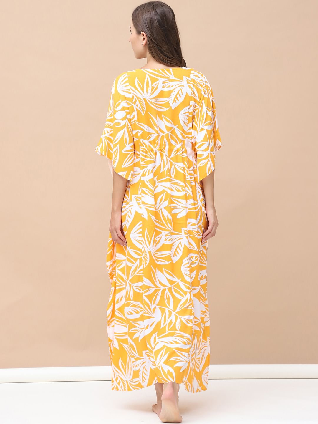 Floral Print Yellow Rayon Maternity Kaftan Full Length