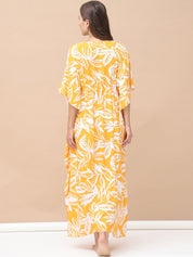 Floral Print Yellow Rayon Maternity Kaftan Full Length