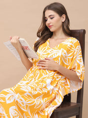 Floral Print Yellow Rayon Maternity Kaftan Full Length