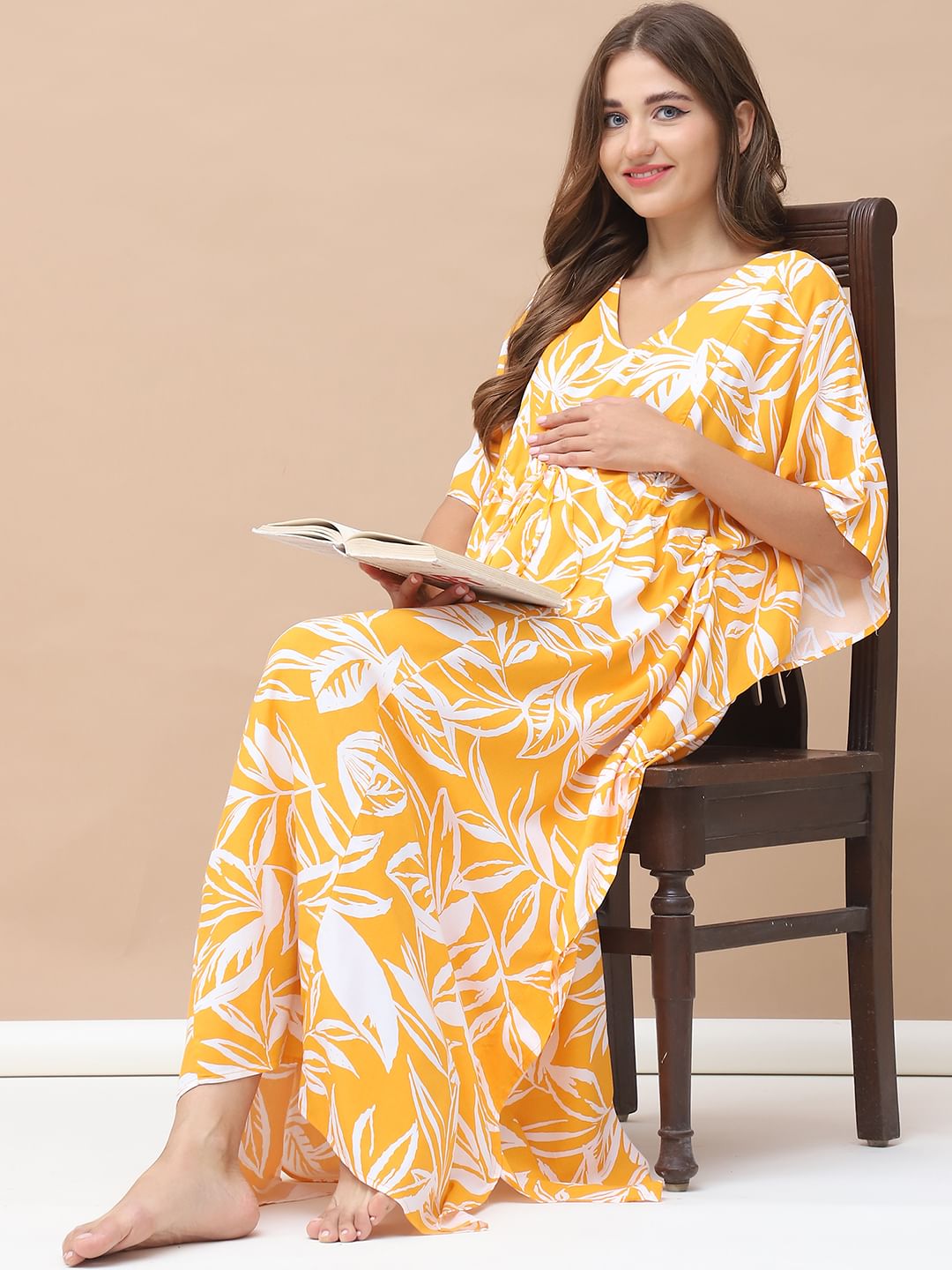 Floral Print Yellow Rayon Maternity Kaftan Full Length