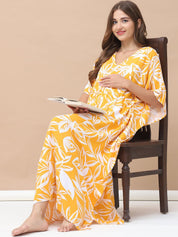 Floral Print Yellow Rayon Maternity Kaftan Full Length