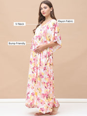 Floral Print Peach Rayon Maternity Kaftan Full Length