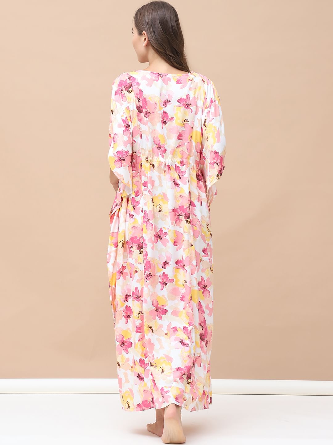 Floral Print Peach Rayon Maternity Kaftan Full Length