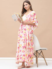 Floral Print Peach Rayon Maternity Kaftan Full Length